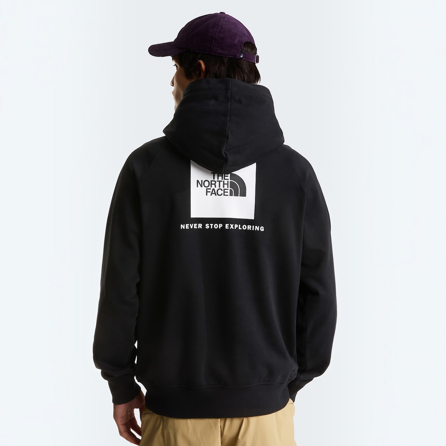 The North Face men’s black Raglan Box NSE hoodie with white box logo and Never Stop Exploring slogan
