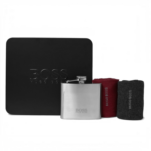 HUGO BOSS men’s gift set with burgundy and black socks and an embossed stainless steel hip flask in a branded tin