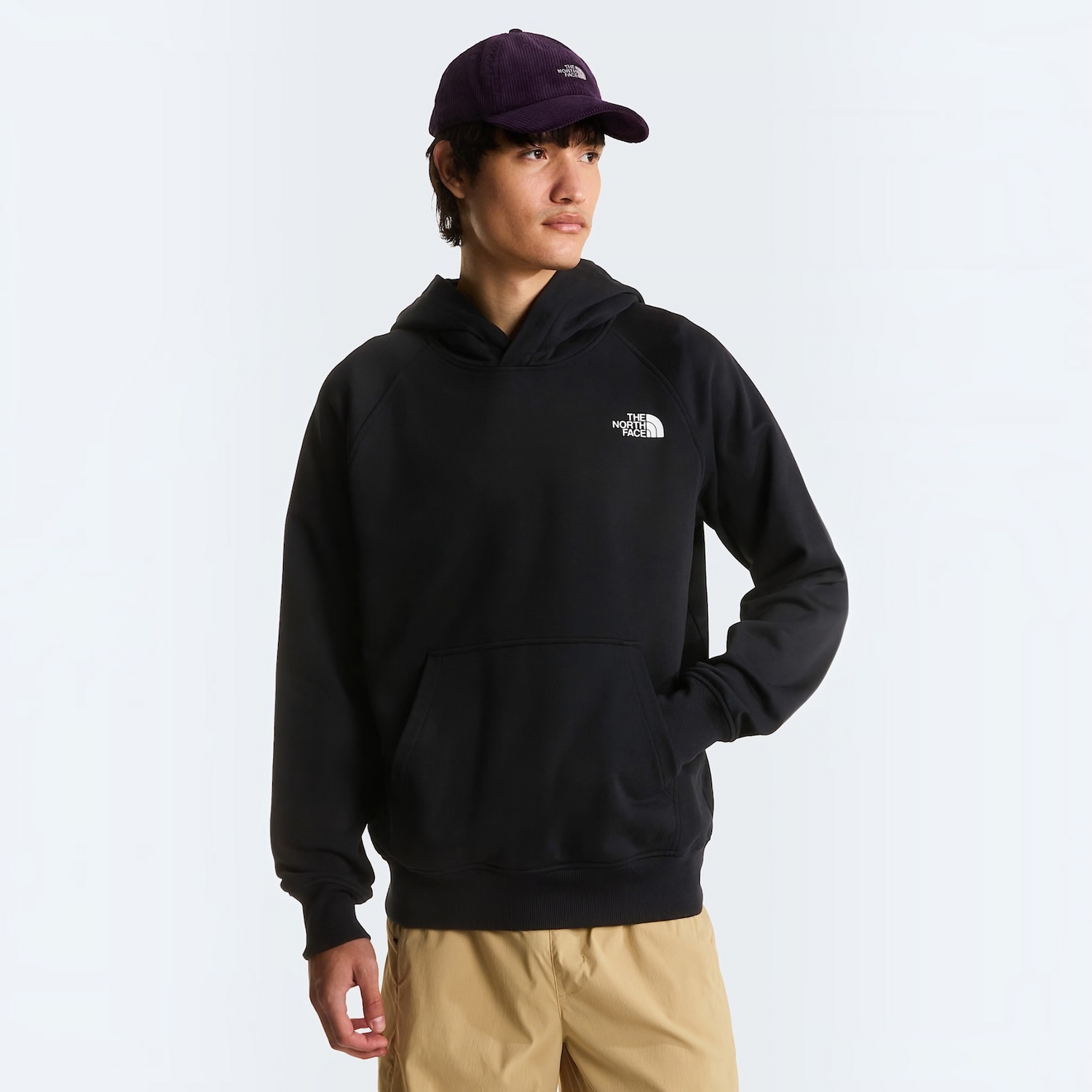 The North Face men’s black Raglan Box NSE hoodie with white chest logo and kangaroo pocket