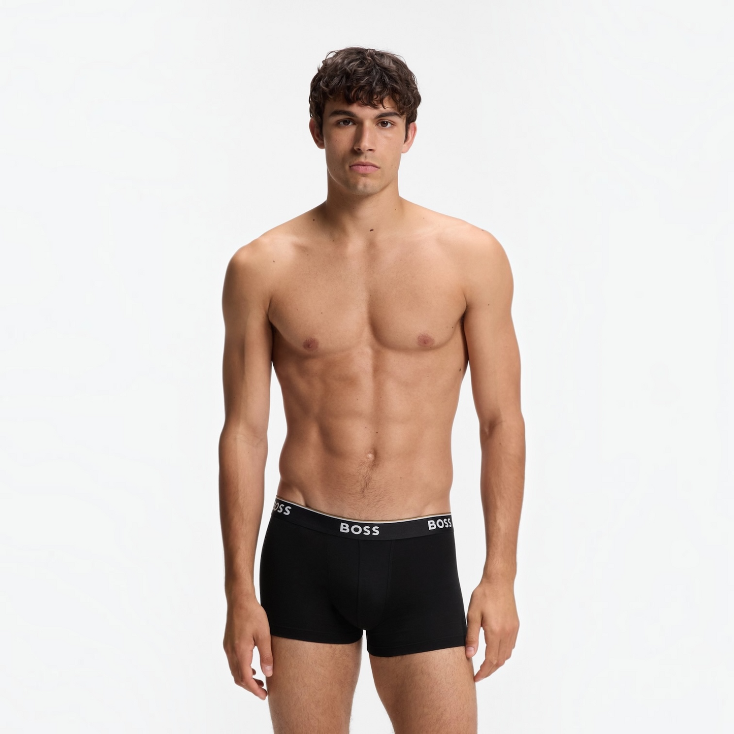 BOSS men's three-pack black stretch cotton trunks 50475274-001 with branded waistbands