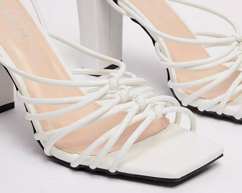 Women's Faux Leather Knotted Tie Heeled Sandals White